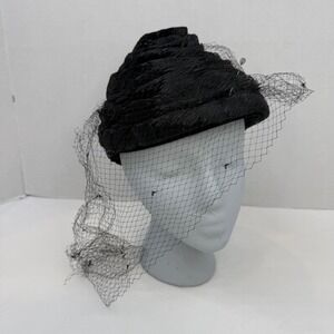Vintage Pinehurst Fifth Avenue Black Straw Toque Hat Veil Rhinestones Bon Marche